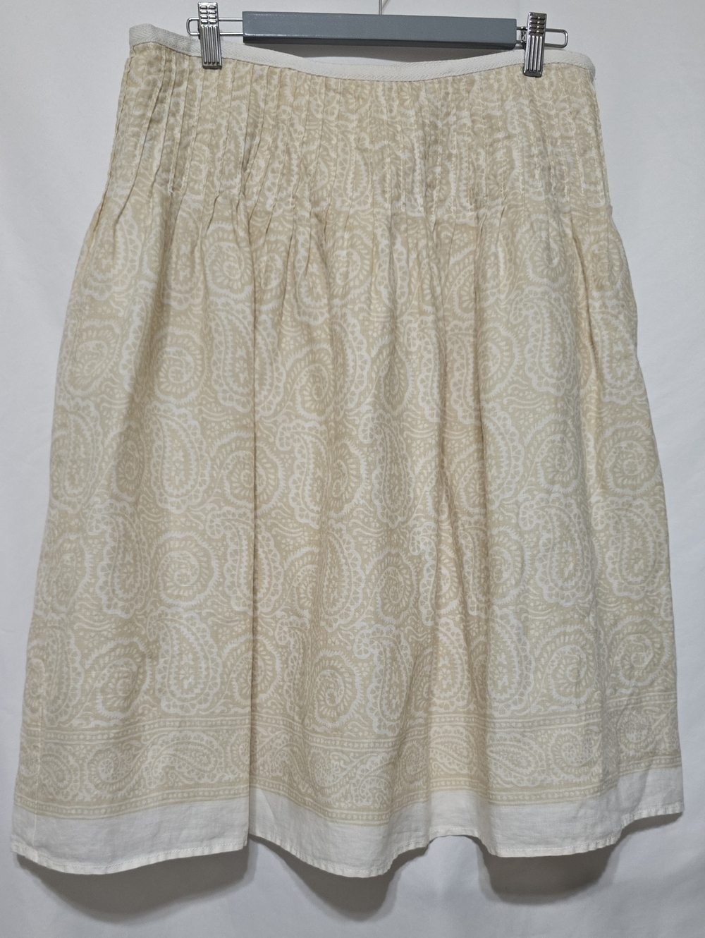 Liz Claiborne 100% Linen Paisley Midi Skirt Smocked Waist Boho Cream Beige